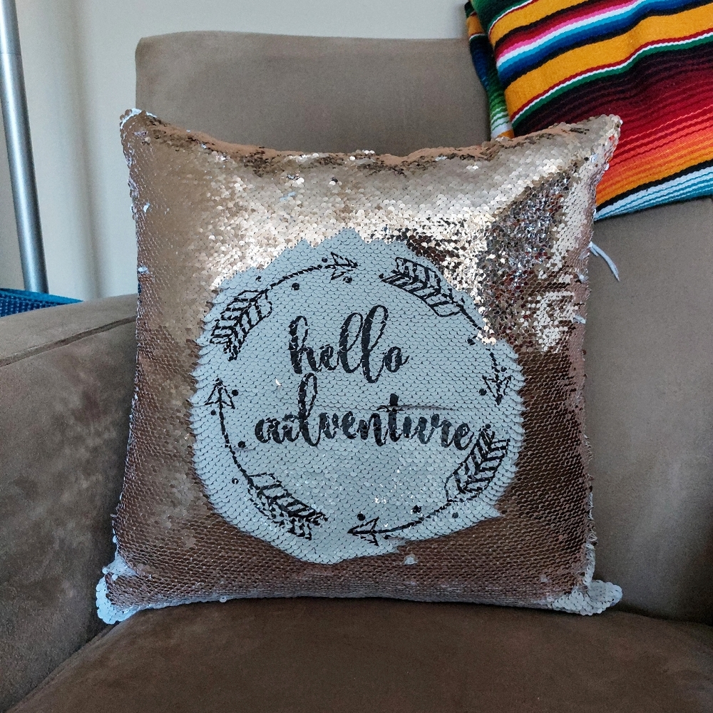 "Hello Adventure" Rose Gold Sequin Flip Pillow